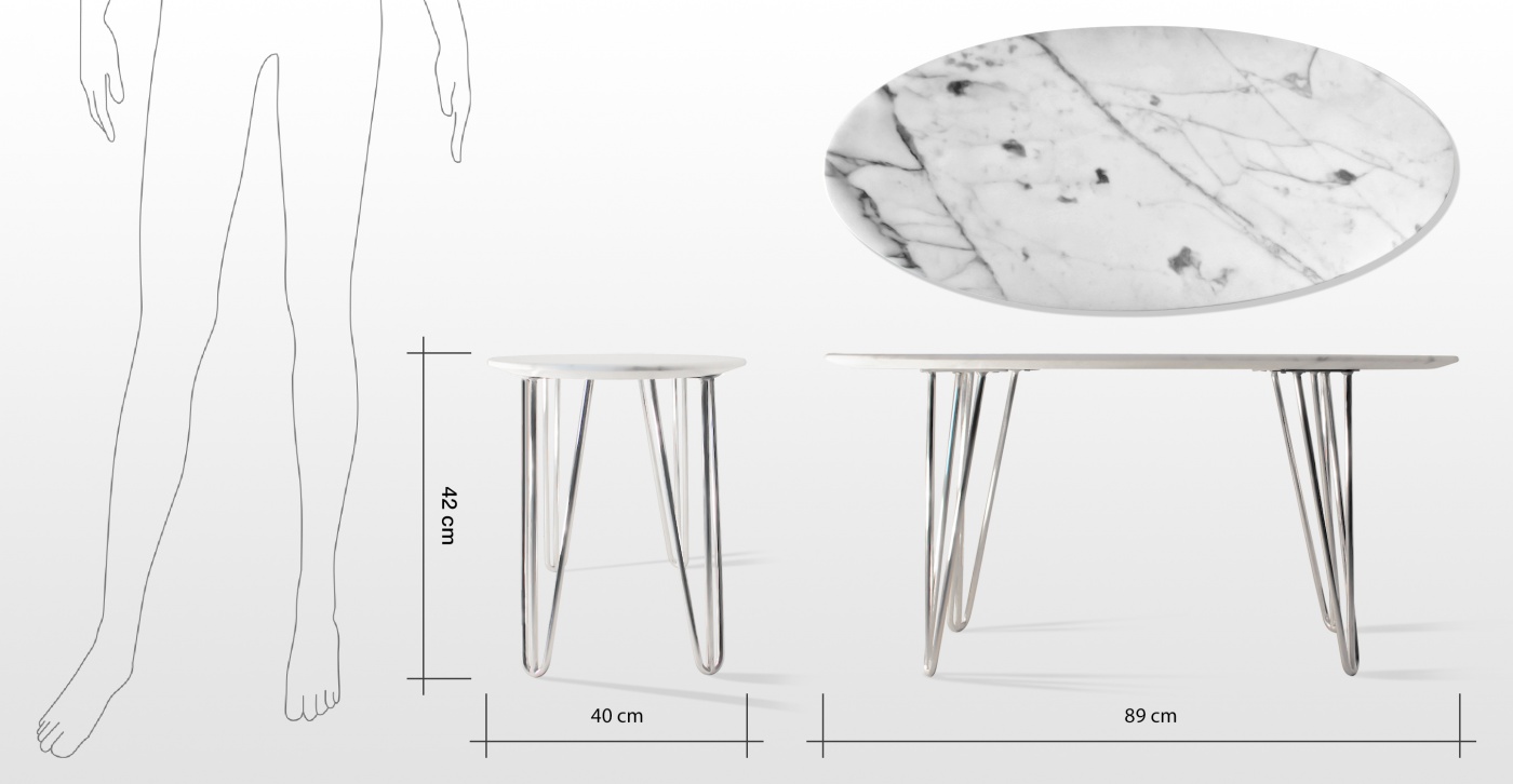 Robinetterie Selma: table basse en marbre blanc Calacatta

Pied tête d'épingle (hairpin legs) en acier chromé 