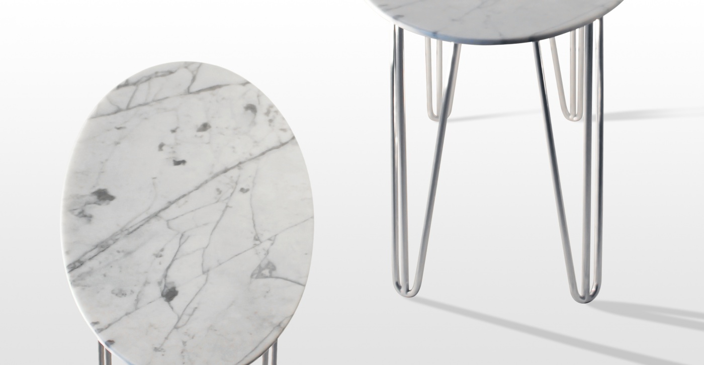 Mobilier Selma: table basse en marbre blanc Calacatta

Pied tête d'épingle (hairpin legs) en acier chromé 